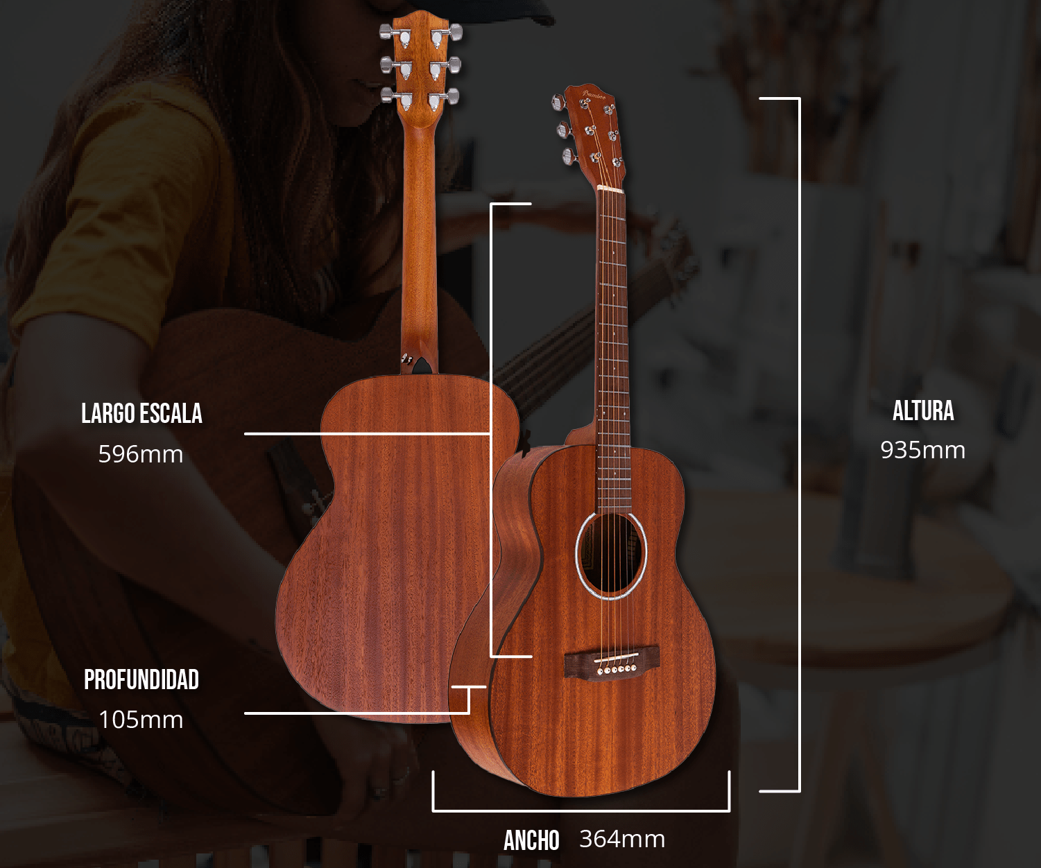 Guitarra Acustica Vision Mahogany 38" - Incluye Funda Acolchada - Bamboo Música