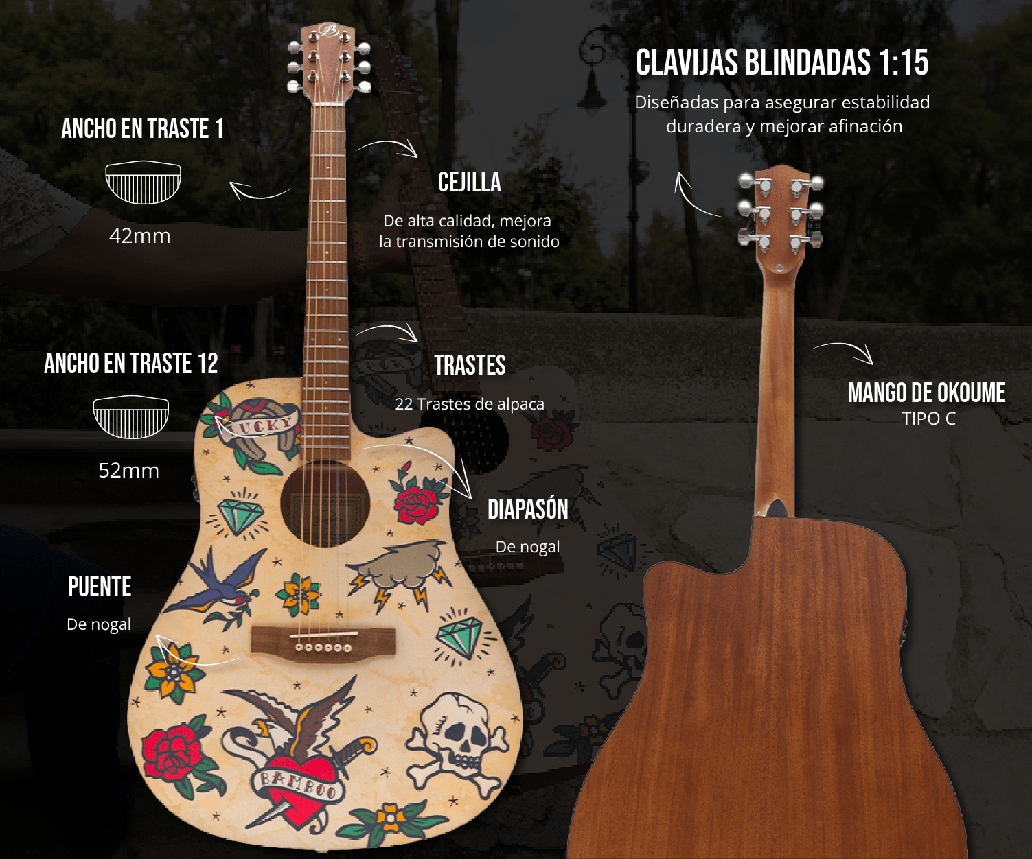 Guitarra Electroacústica Harmony Old School 41" - Incluye Funda Acolchada - Bamboo Música