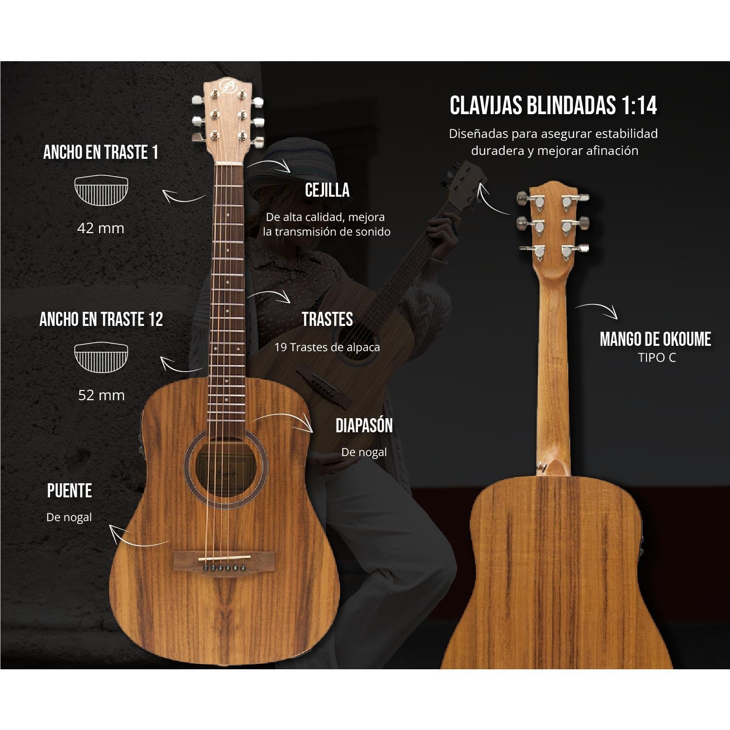 Guitarra Electroacústica Travel Koa 34" – Outlet (Mal Acabado en Aro) - Bamboo Música