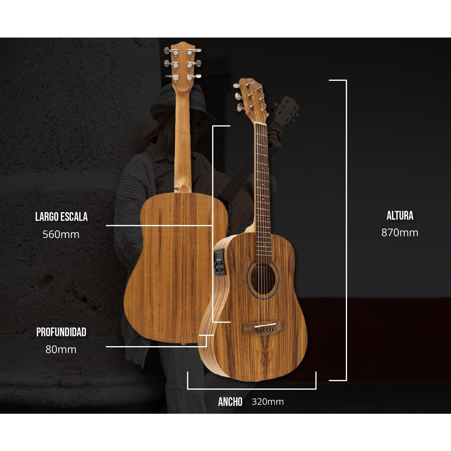 Guitarra Electroacústica Travel Koa 34" – Outlet (Mal Acabado en Aro) - Bamboo Música