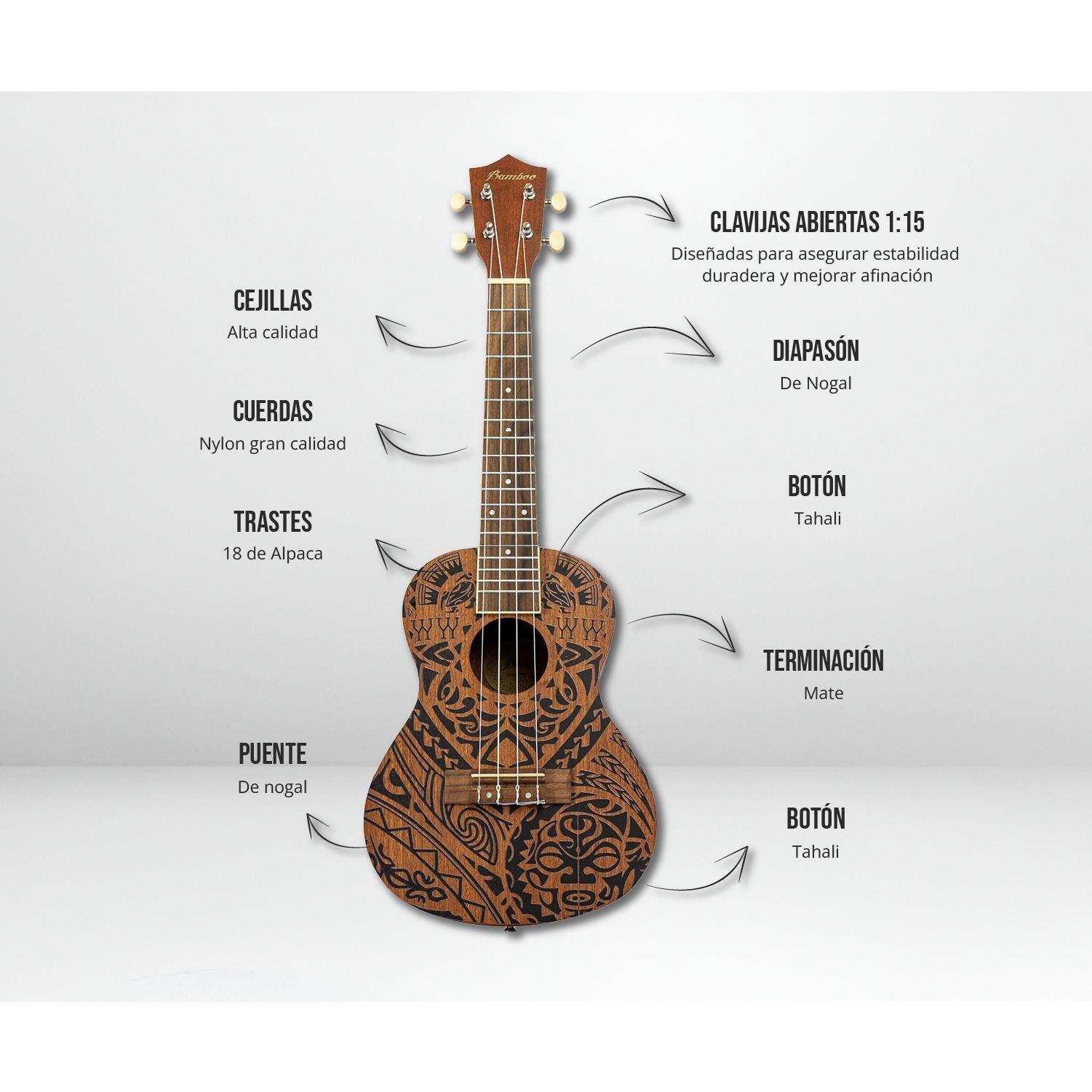 Ukelele Concierto Sapele Tribal - Incluye Funda - Bamboo Música