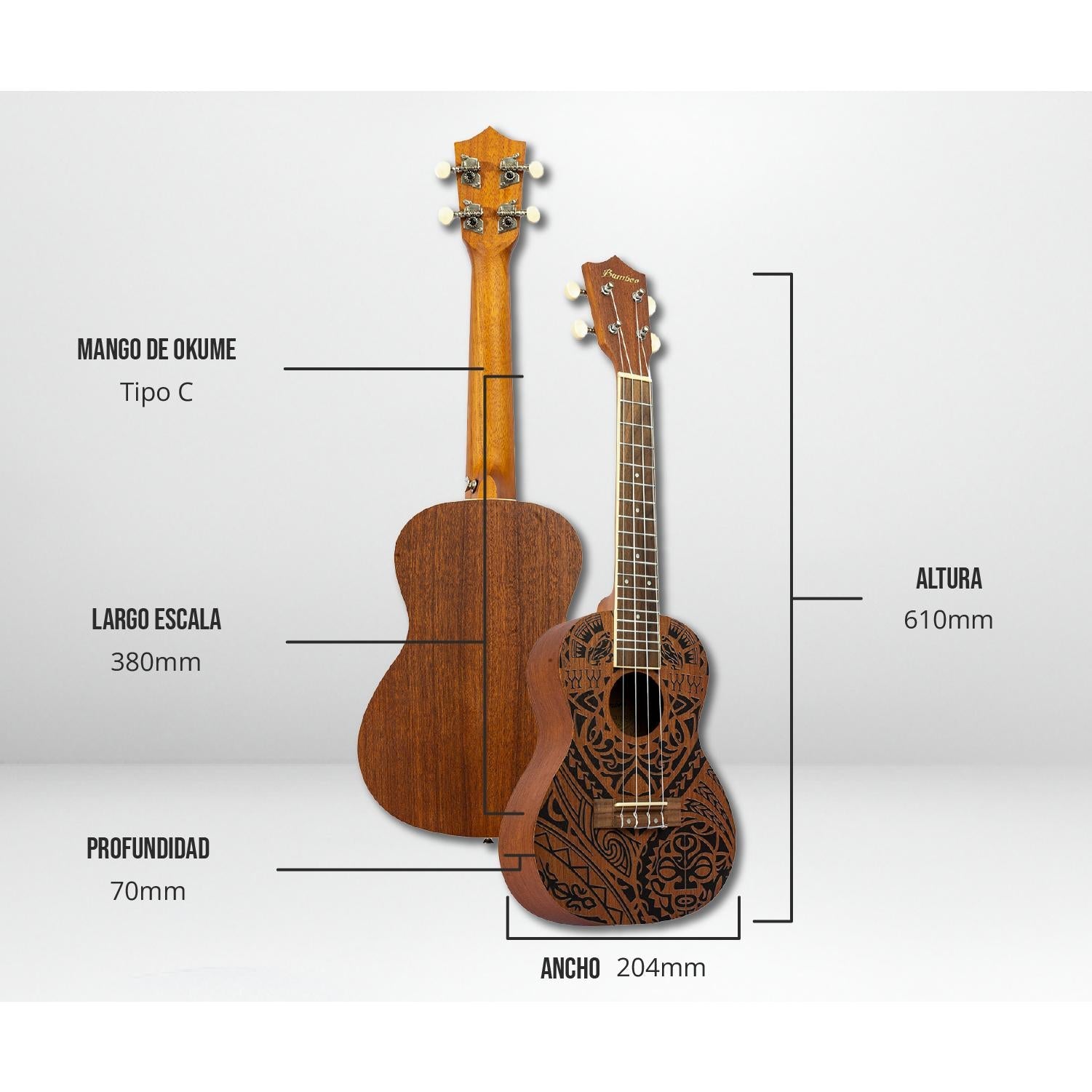 Ukelele Concierto Sapele Tribal - Incluye Funda - Bamboo Música